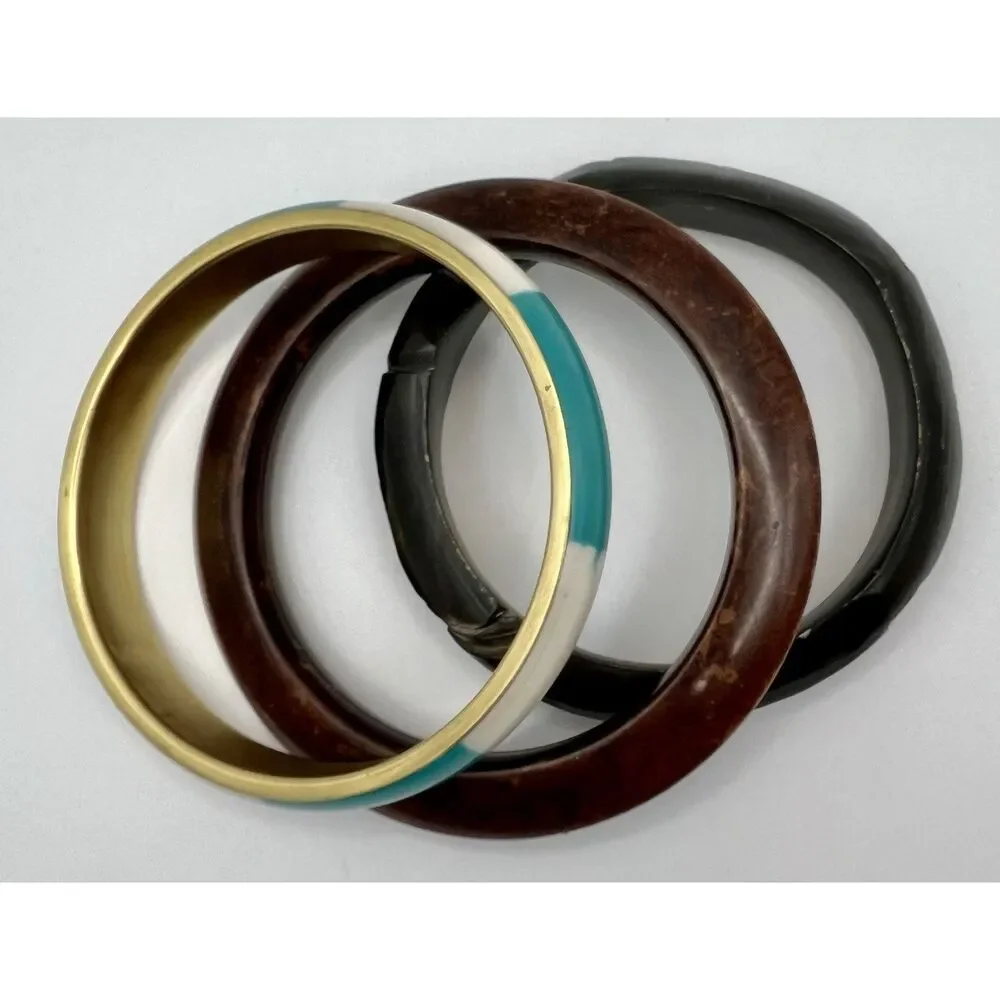 Set of 3 Bracelets Wooden Enamel Metal Aqua Teal Cream Gold Tone